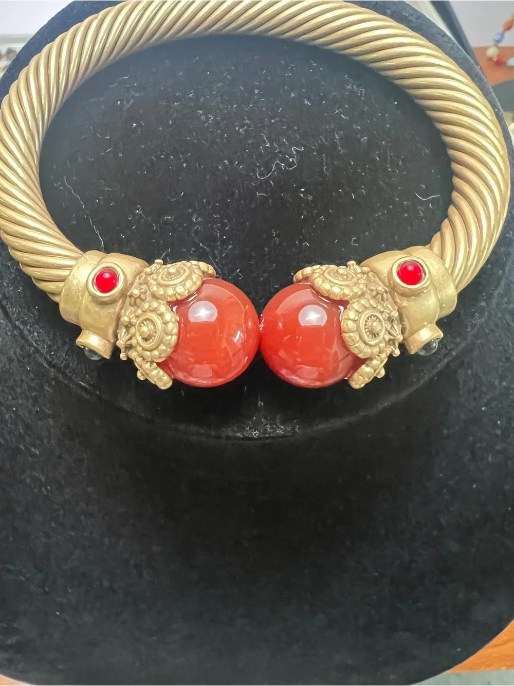 Gold-Tone Twisted Open Cuff with Red Agate Orbs